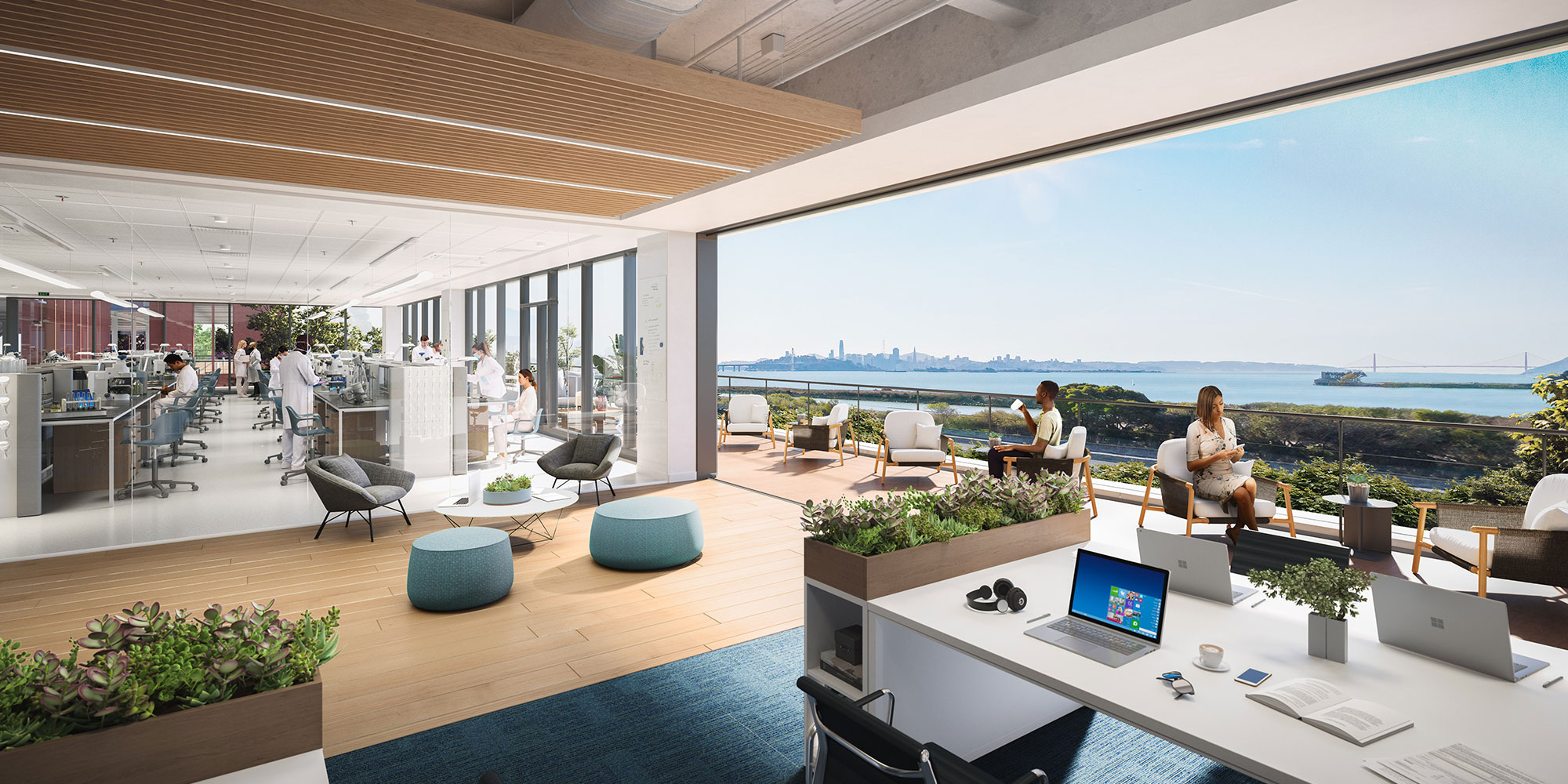 Rendering of open concept office and lab space with terrace