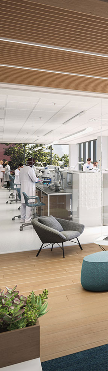 Scientists working in a lab behind glass door